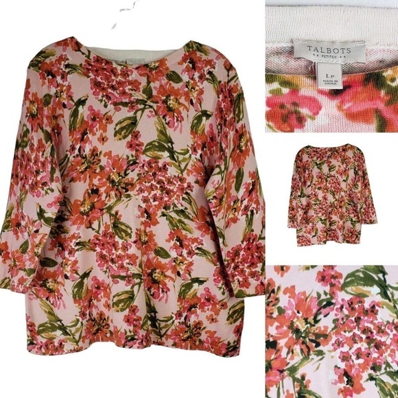 Talbots Sweater Women's Large Petite Pink Floral Print 3/4 Sleeve Pullover - Picture 1 of 7